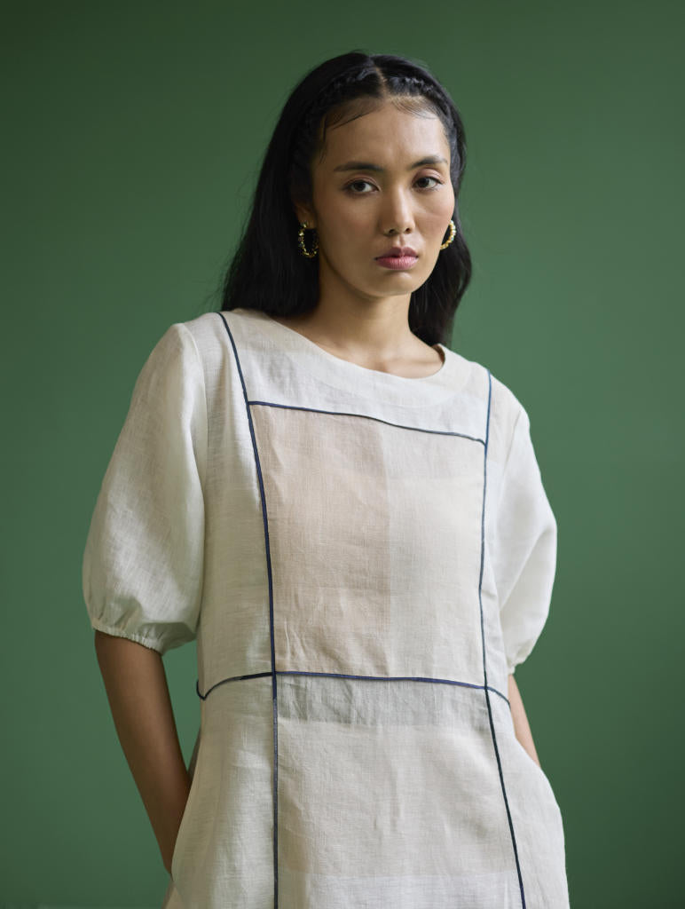 Sehr Metallic Linen Piping Dress - Ivory linen by Manan in ivory color for women Worldwide