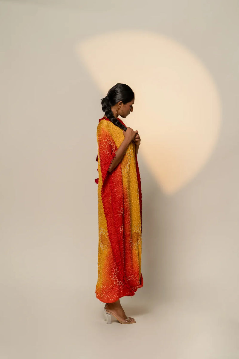DRAPE DRESS - VALLEY OF FLOWERS-yellow orange shaded silk by Dyelogue in multi color for women Worldwide