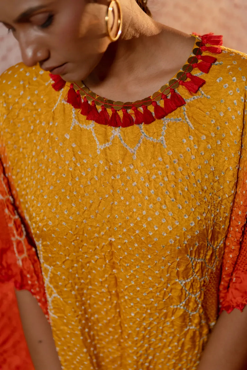 DRAPE DRESS - VALLEY OF FLOWERS-yellow orange shaded silk by Dyelogue in multi color for women Worldwide