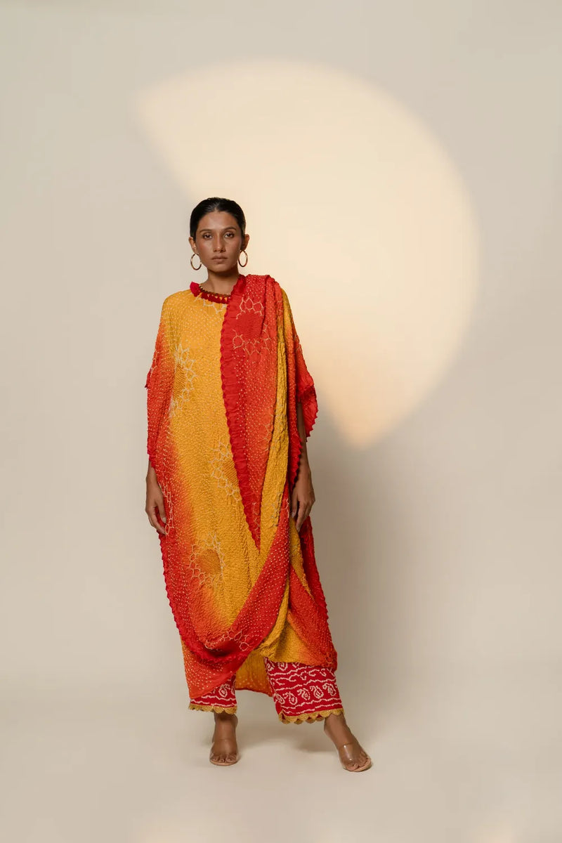 DRAPE DRESS - VALLEY OF FLOWERS-yellow orange shaded silk by Dyelogue in multi color for women Worldwide