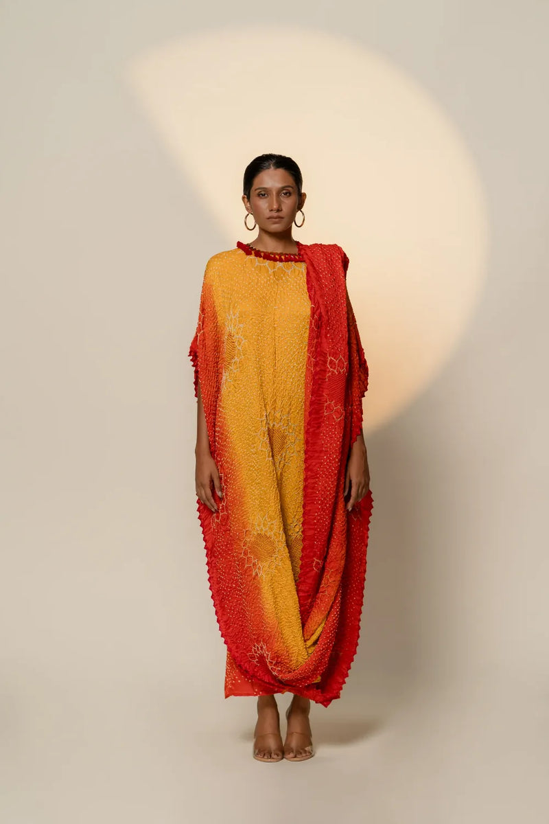 DRAPE DRESS - VALLEY OF FLOWERS-yellow orange shaded silk by Dyelogue in multi color for women Worldwide