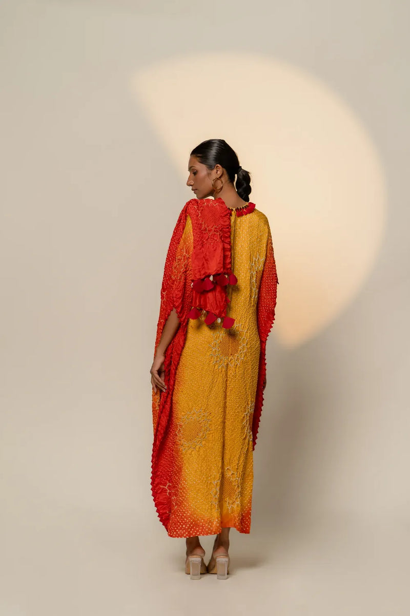 DRAPE DRESS - VALLEY OF FLOWERS-yellow orange shaded silk by Dyelogue in multi color for women Worldwide