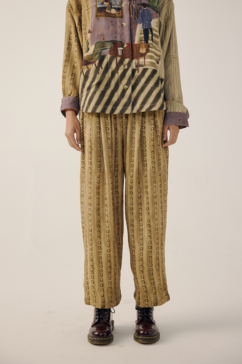 DRAWSTRING PANTS-Mustard Stripes by CORD for women Worldwide