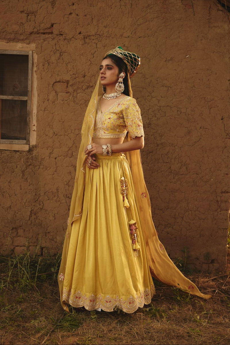 DRITI & HESYRA BLOUSE & LEHENGA silk by Rashika Mittal in yellow color for women Worldwide