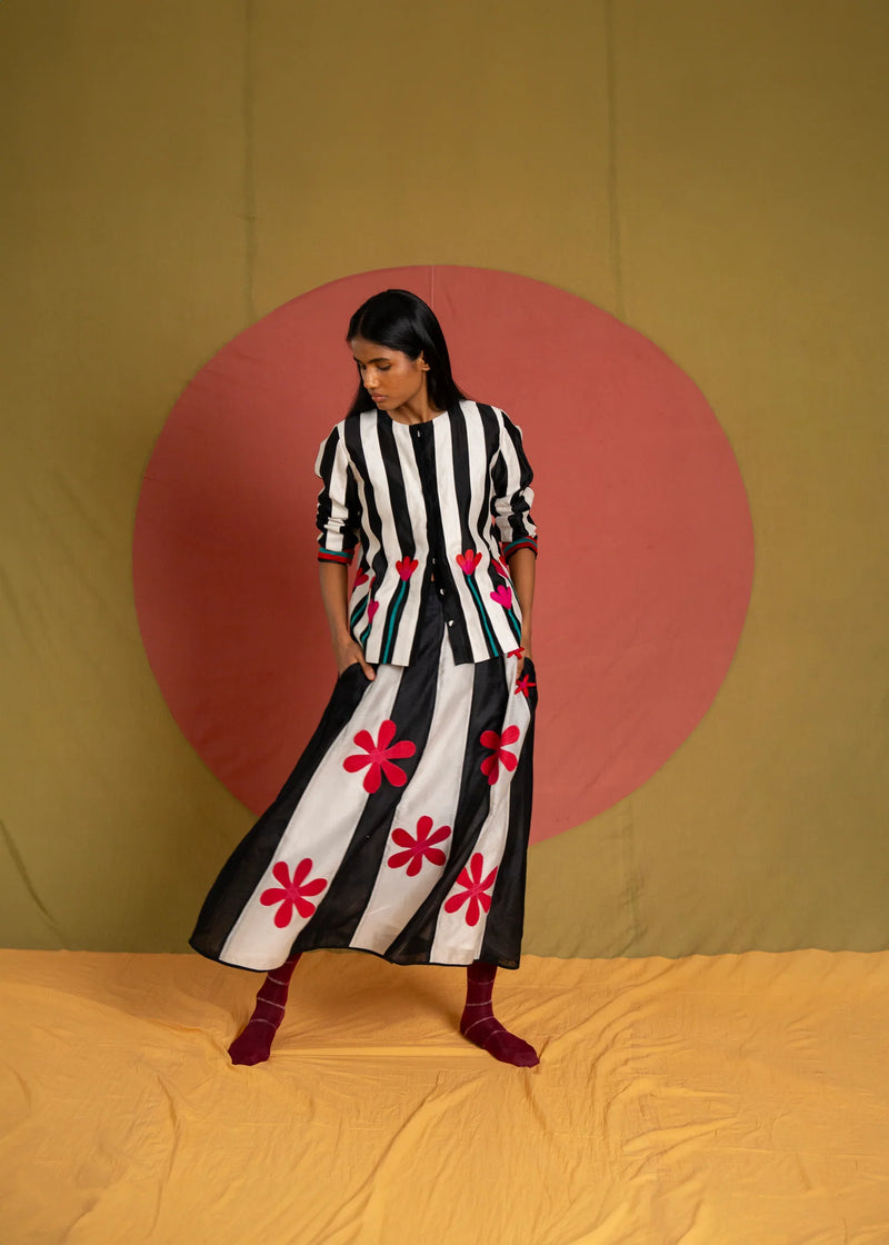 PW Florist Skirt-Black and White chanderi skirt by Ka-Sha in black for women Worldwide