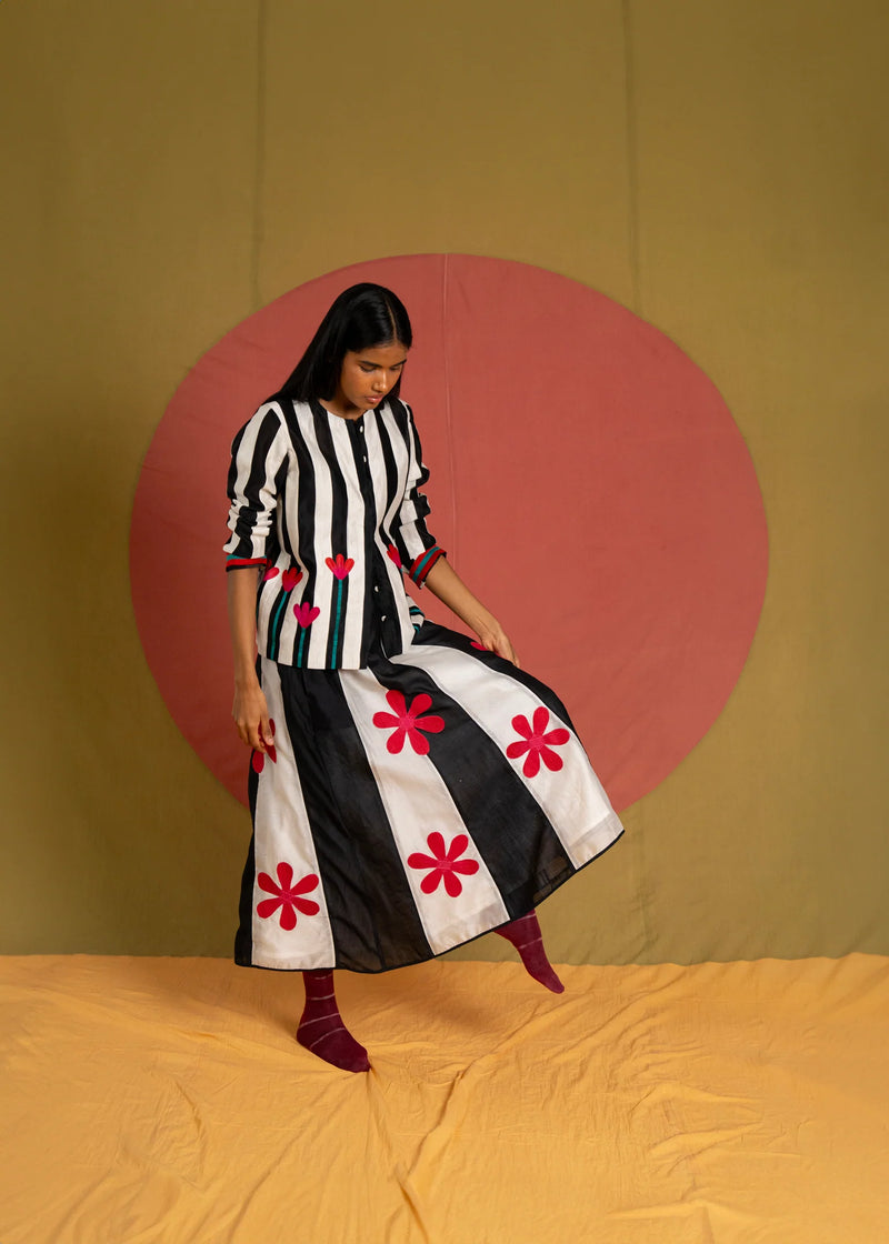 PW Florist Skirt-Black and White chanderi skirt by Ka-Sha in black for women Worldwide