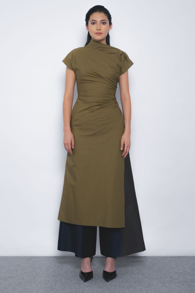 Arida Draped Tunic - Olive cotton by Leh Studios in olive color for women Worldwide