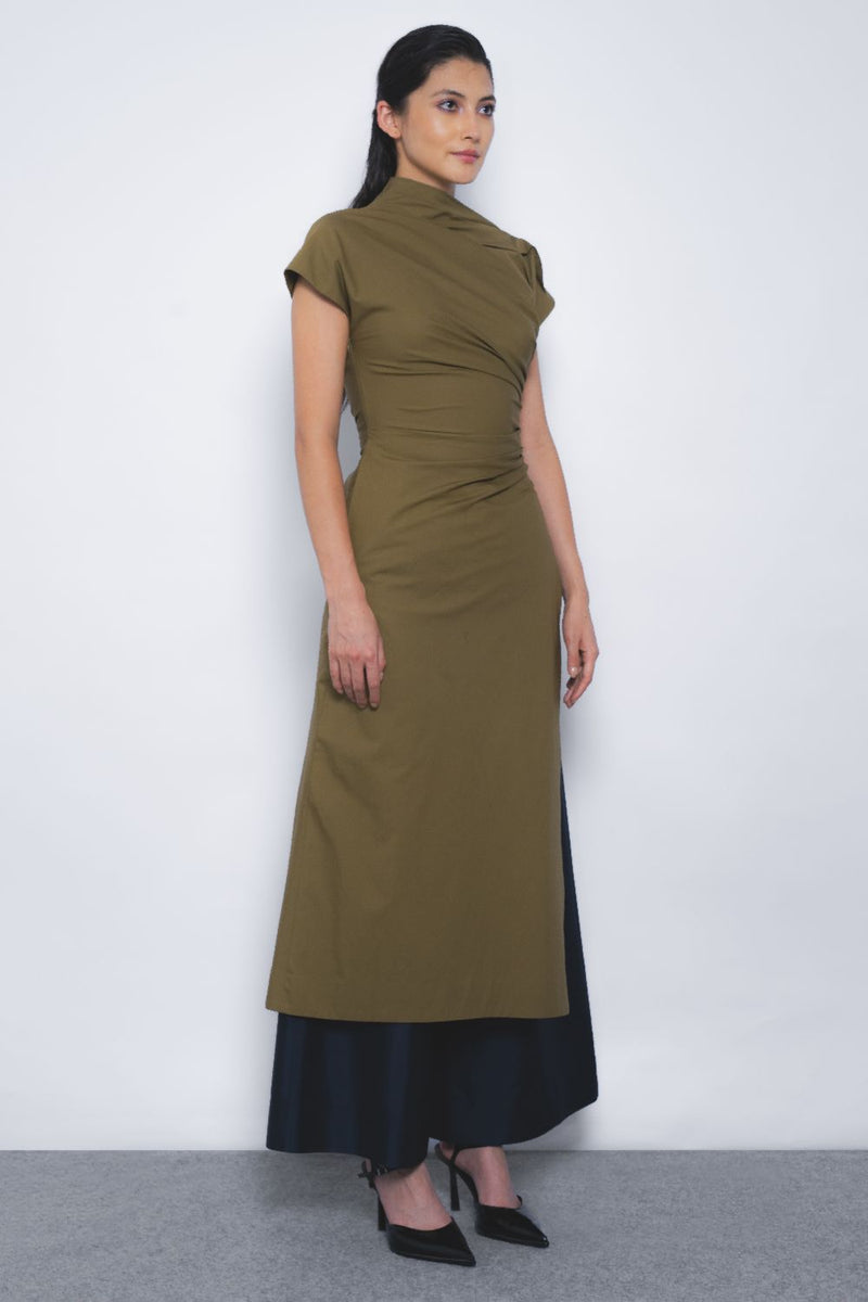 Arida Draped Tunic - Olive cotton by Leh Studios in olive color for women Worldwide