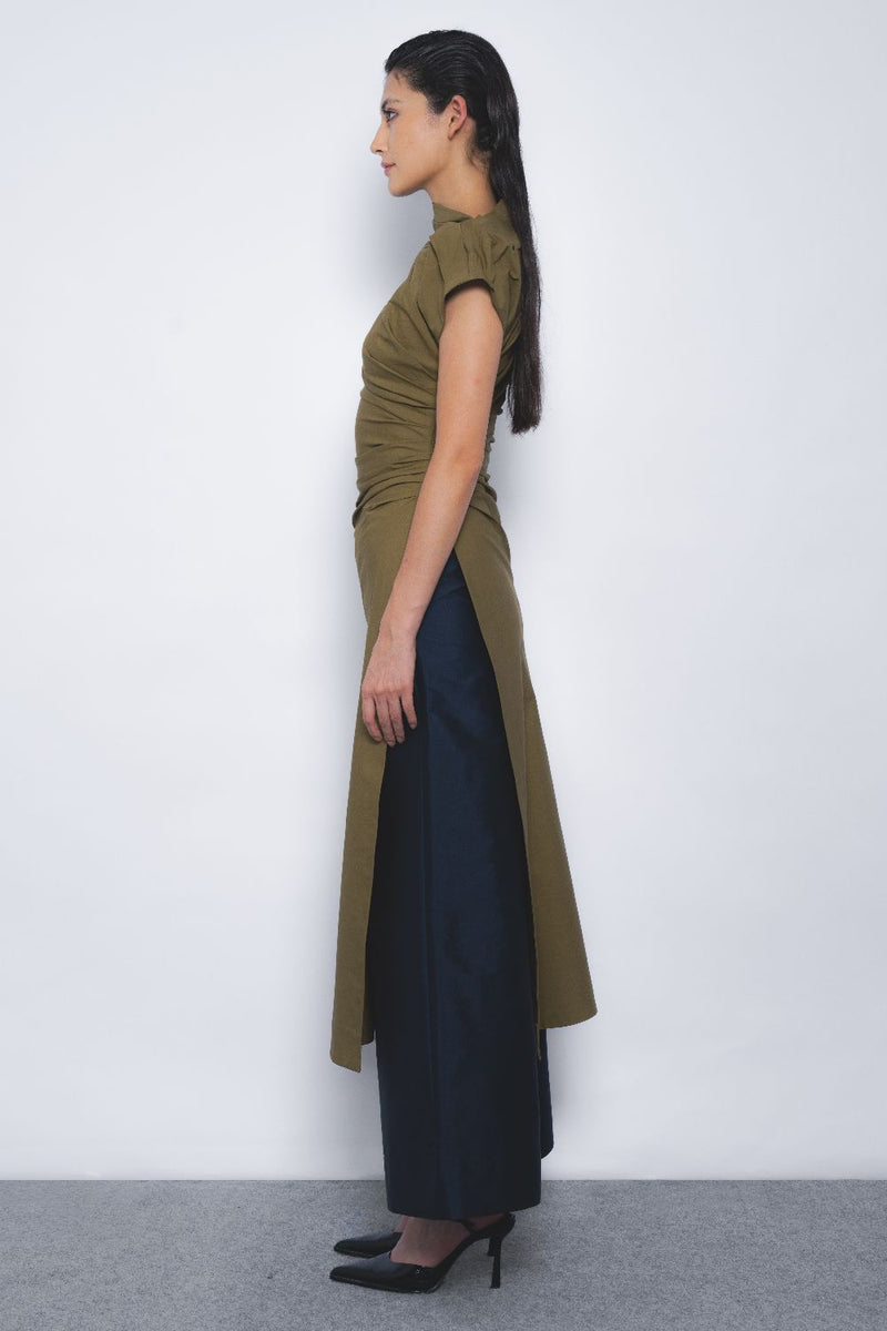 Arida Draped Tunic - Olive cotton by Leh Studios in olive color for women Worldwide