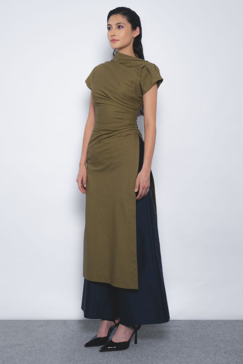 Arida Draped Tunic - Olive cotton by Leh Studios in olive color for women Worldwide