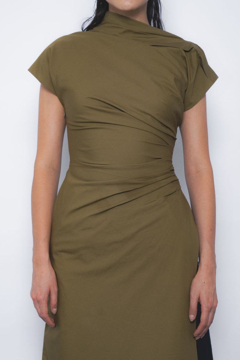 Arida Draped Tunic - Olive cotton by Leh Studios in olive color for women Worldwide