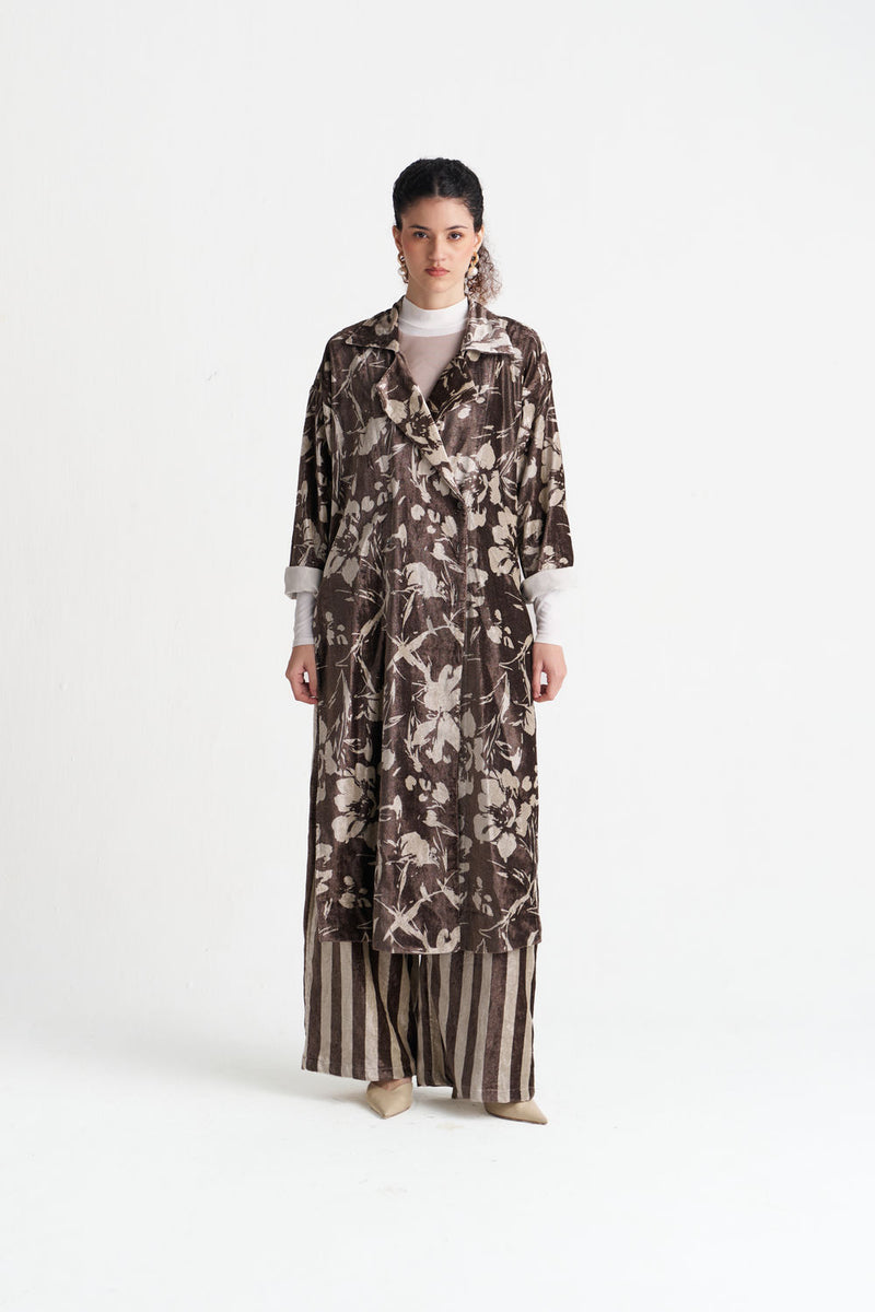 Velvet Floral Overlap Kaftan-Umber Floral velvet jacket/overlay by THREE in brown for women Worldwide
