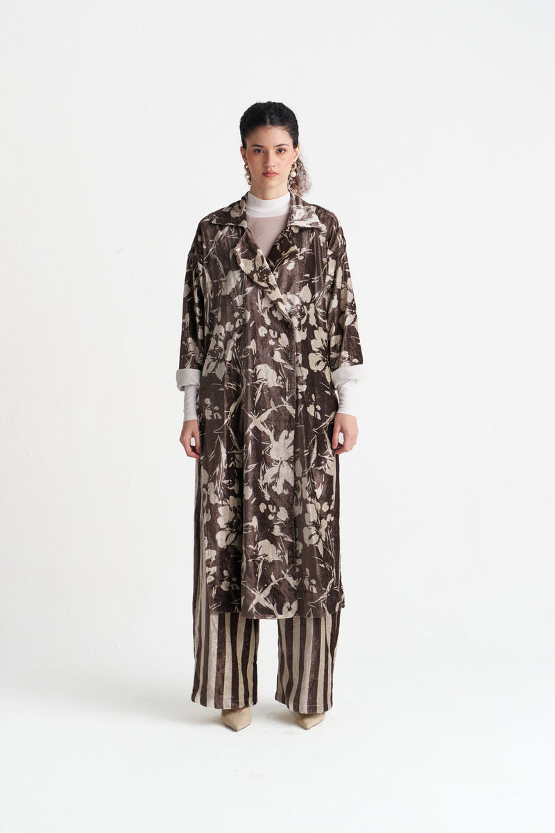 Velvet Floral Overlap Kaftan Co-Ord (Set Of 2)-Umber Floral velvet co-ord set by THREE in brown for women Worldwide