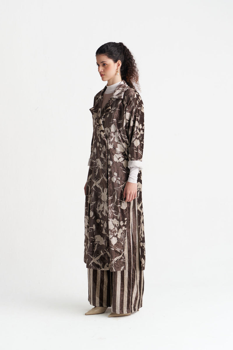 Velvet Floral Overlap Kaftan Co-Ord (Set Of 2)-Umber Floral velvet co-ord set by THREE in brown for women Worldwide