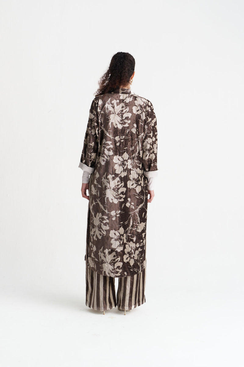 Velvet Floral Overlap Kaftan Co-Ord (Set Of 2)-Umber Floral velvet co-ord set by THREE in brown for women Worldwide