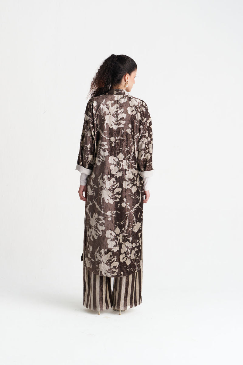 Velvet Floral Overlap Kaftan-Umber Floral velvet jacket/overlay by THREE in brown for women Worldwide