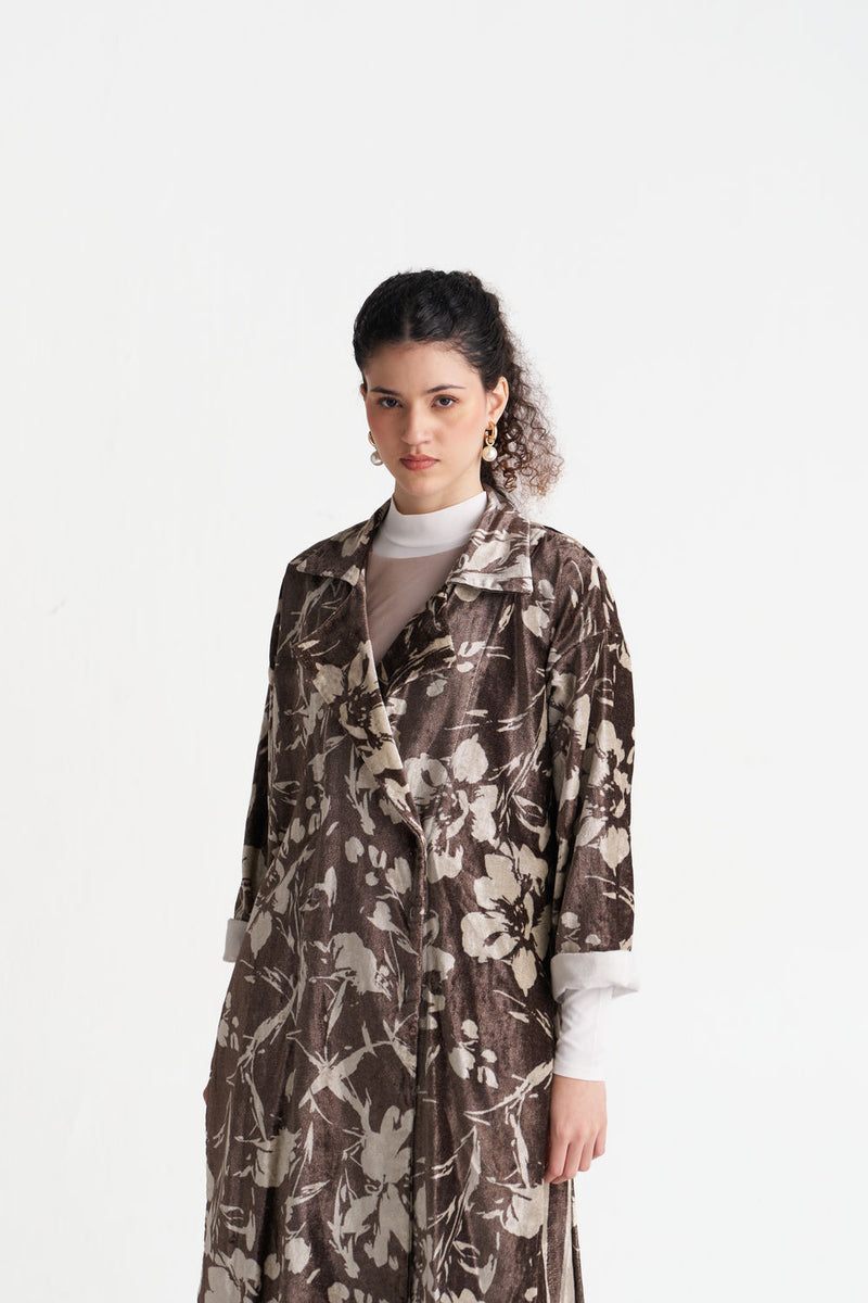 Velvet Floral Overlap Kaftan Co-Ord (Set Of 2)-Umber Floral velvet co-ord set by THREE in brown for women Worldwide