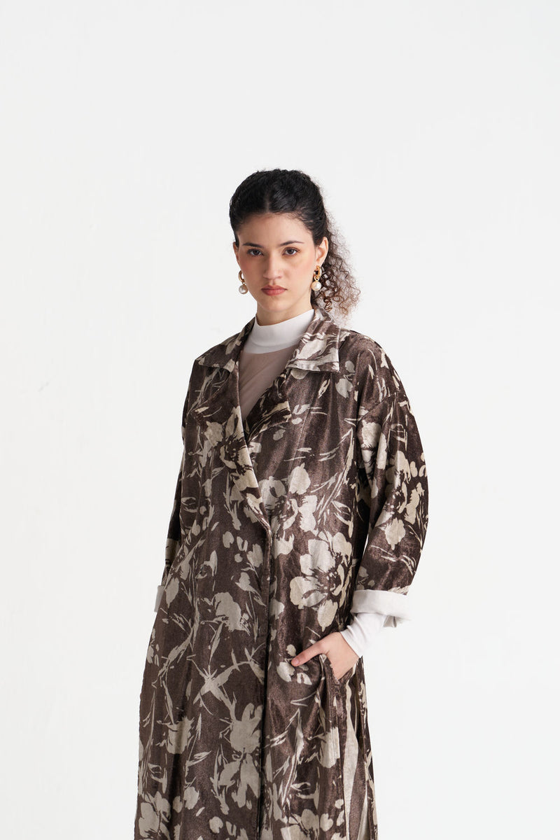 Velvet Floral Overlap Kaftan-Umber Floral velvet jacket/overlay by THREE in brown for women Worldwide
