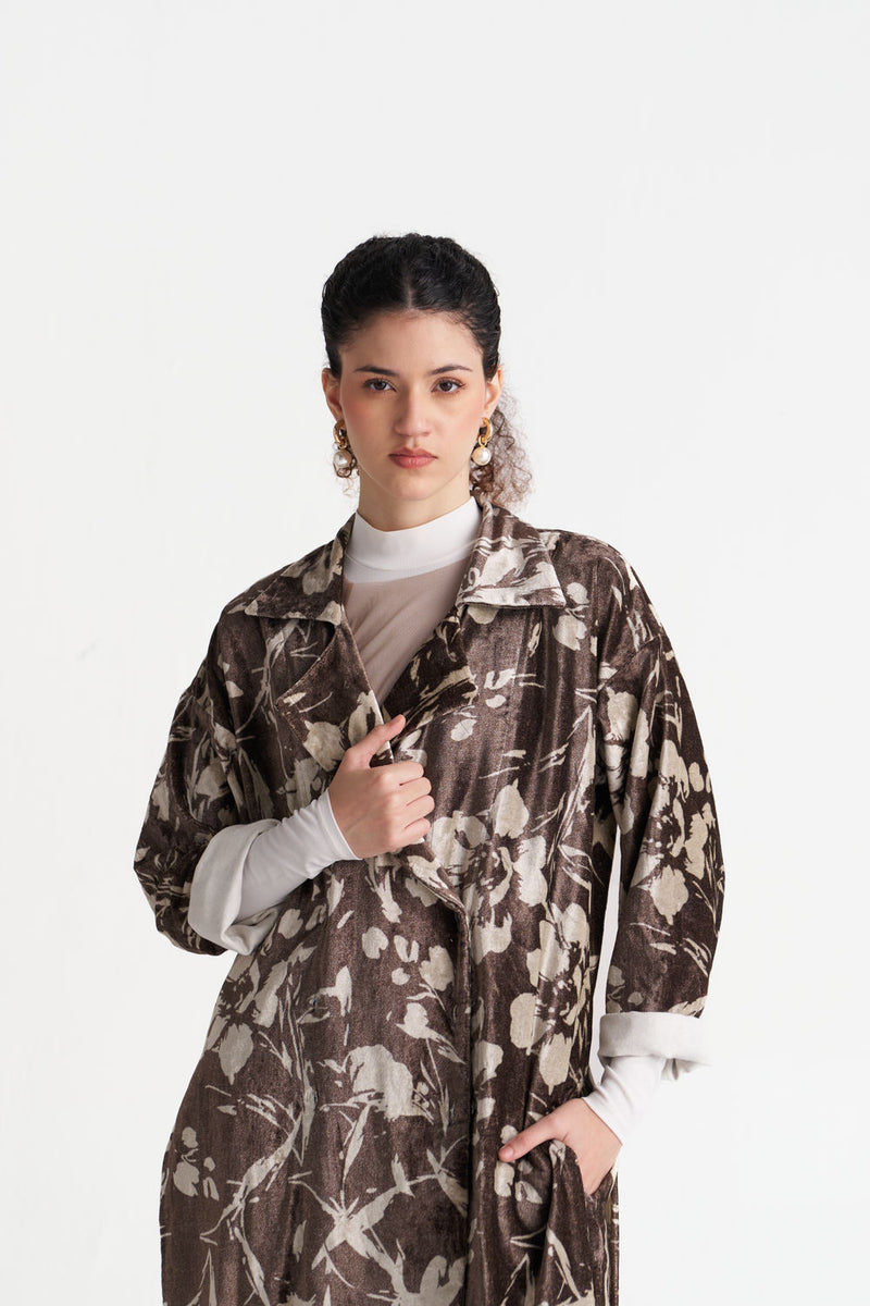 Velvet Floral Overlap Kaftan-Umber Floral velvet jacket/overlay by THREE in brown for women Worldwide