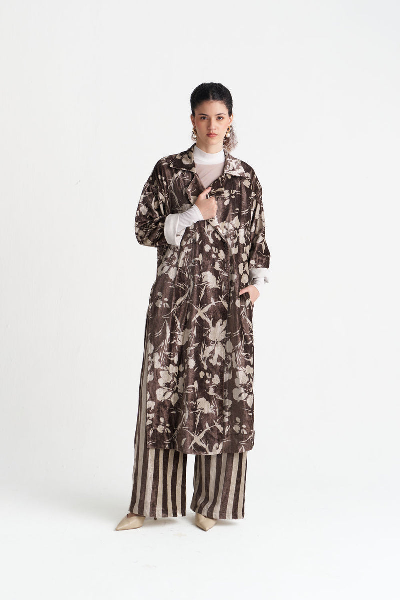 Velvet Floral Overlap Kaftan Co-Ord (Set Of 2)-Umber Floral velvet co-ord set by THREE in brown for women Worldwide