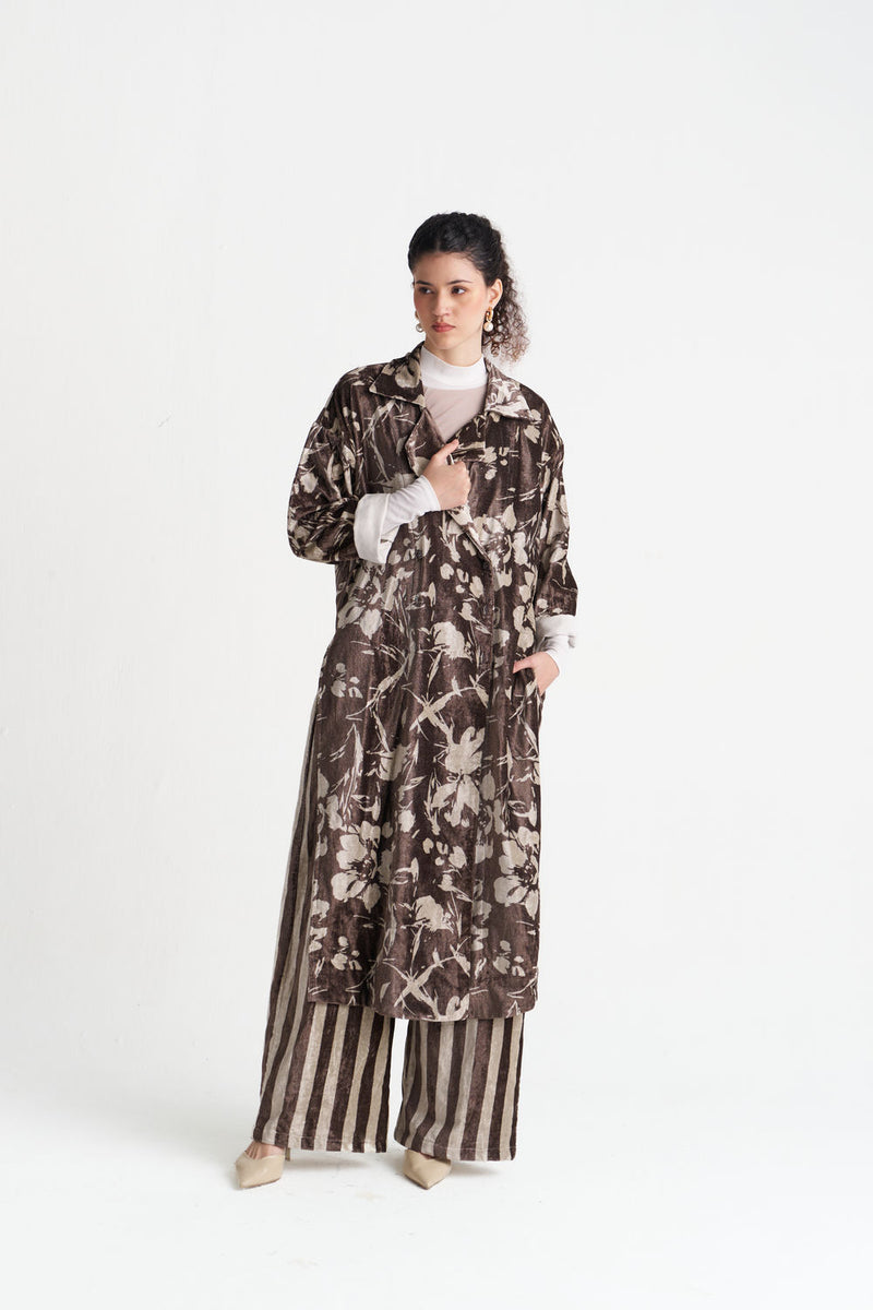 Velvet Floral Overlap Kaftan-Umber Floral velvet jacket/overlay by THREE in brown for women Worldwide