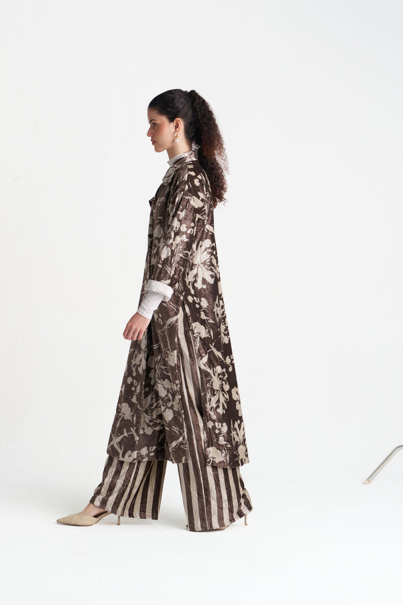 Velvet Floral Overlap Kaftan Co-Ord (Set Of 2)-Umber Floral velvet co-ord set by THREE in brown for women Worldwide