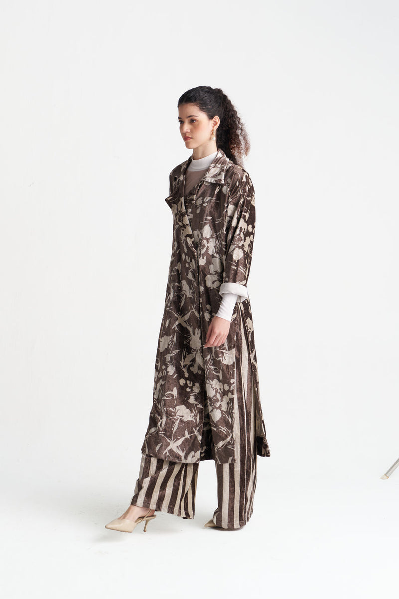 Velvet Floral Overlap Kaftan-Umber Floral velvet jacket/overlay by THREE in brown for women Worldwide