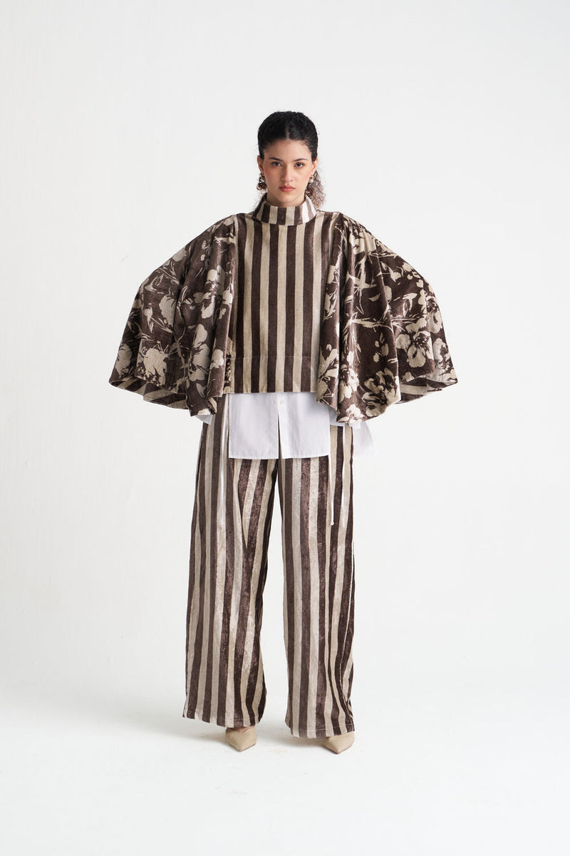 Velvet Poncho (Including Shirt)-Umber Floral + Umber Stripe velvet jacket/overlay by THREE in brown for women Worldwide