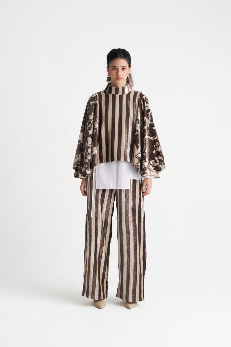 Velvet Poncho Co-Ord (Set Of 3)-Umber Floral + Umber Stripe velvet co-ord set by THREE in brown for women Worldwide