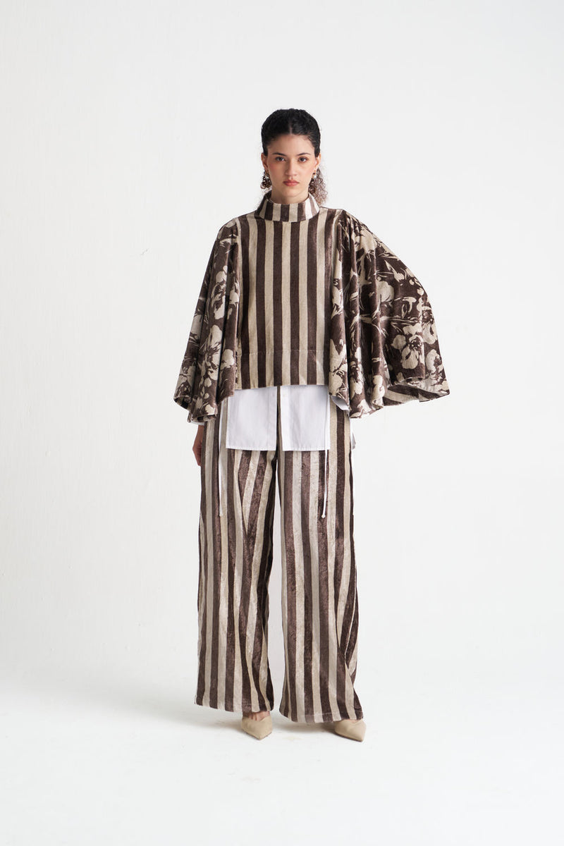 Velvet Poncho (Including Shirt)-Umber Floral + Umber Stripe velvet jacket/overlay by THREE in brown for women Worldwide