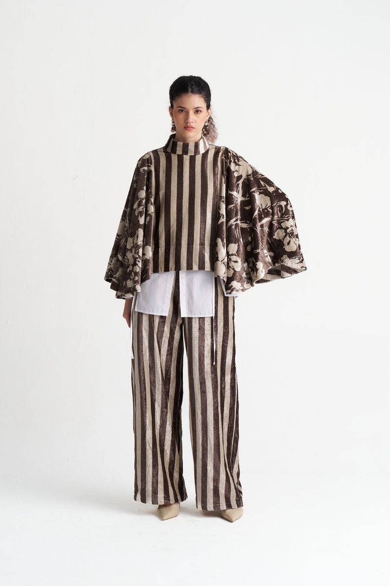 Velvet Poncho (Including Shirt)-Umber Floral + Umber Stripe velvet jacket/overlay by THREE in brown for women Worldwide