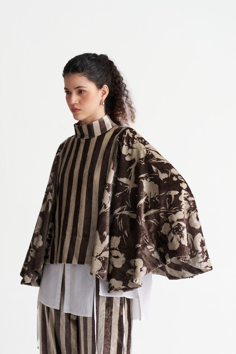 Velvet Poncho (Including Shirt)-Umber Floral + Umber Stripe velvet jacket/overlay by THREE in brown for women Worldwide