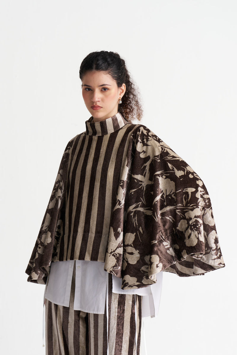 Velvet Poncho Co-Ord (Set Of 3)-Umber Floral + Umber Stripe velvet co-ord set by THREE in brown for women Worldwide