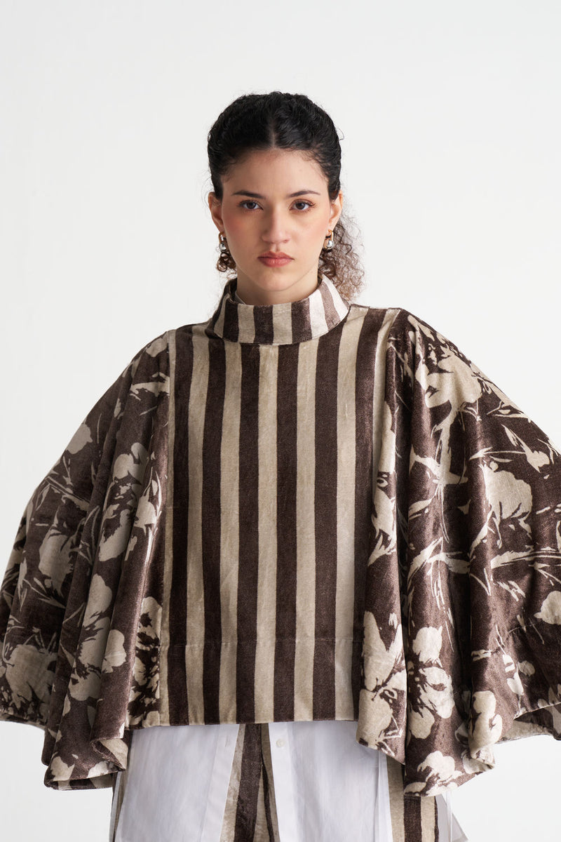 Velvet Poncho Co-Ord (Set Of 3)-Umber Floral + Umber Stripe velvet co-ord set by THREE in brown for women Worldwide