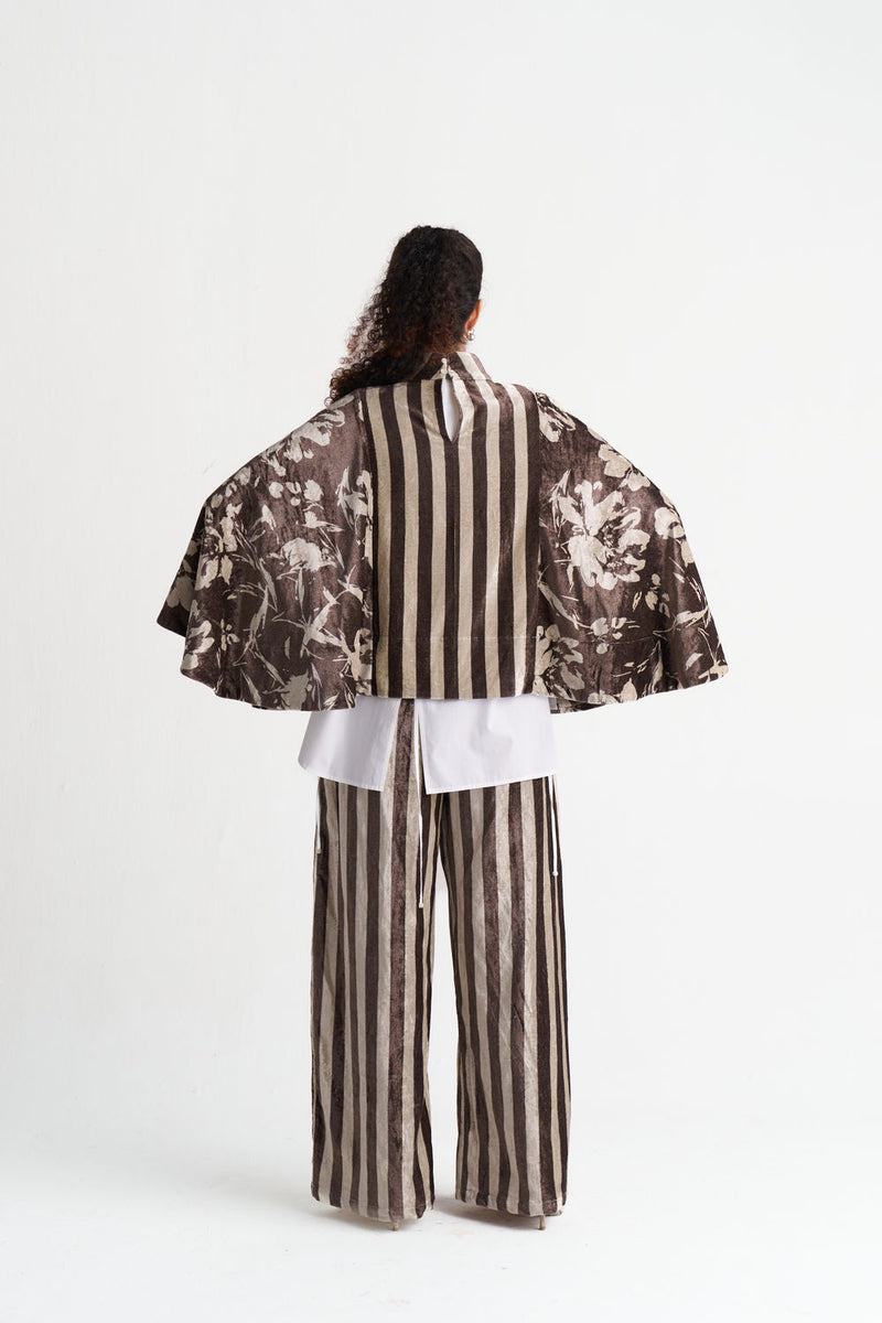 Velvet Poncho (Including Shirt)-Umber Floral + Umber Stripe velvet jacket/overlay by THREE in brown for women Worldwide