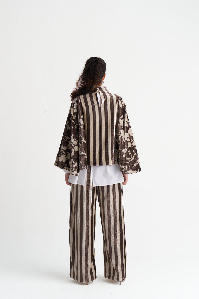 Velvet Poncho (Including Shirt)-Umber Floral + Umber Stripe velvet jacket/overlay by THREE in brown for women Worldwide