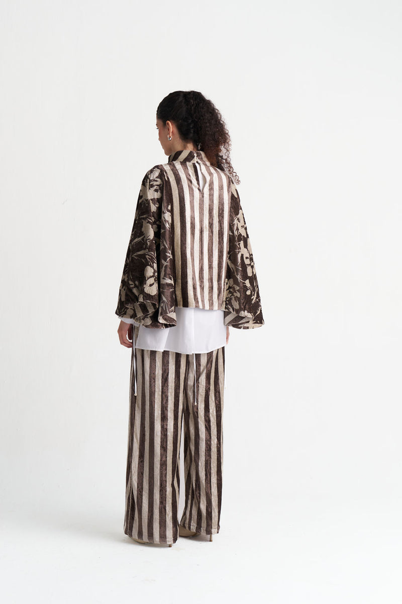 Velvet Poncho Co-Ord (Set Of 3)-Umber Floral + Umber Stripe velvet co-ord set by THREE in brown for women Worldwide