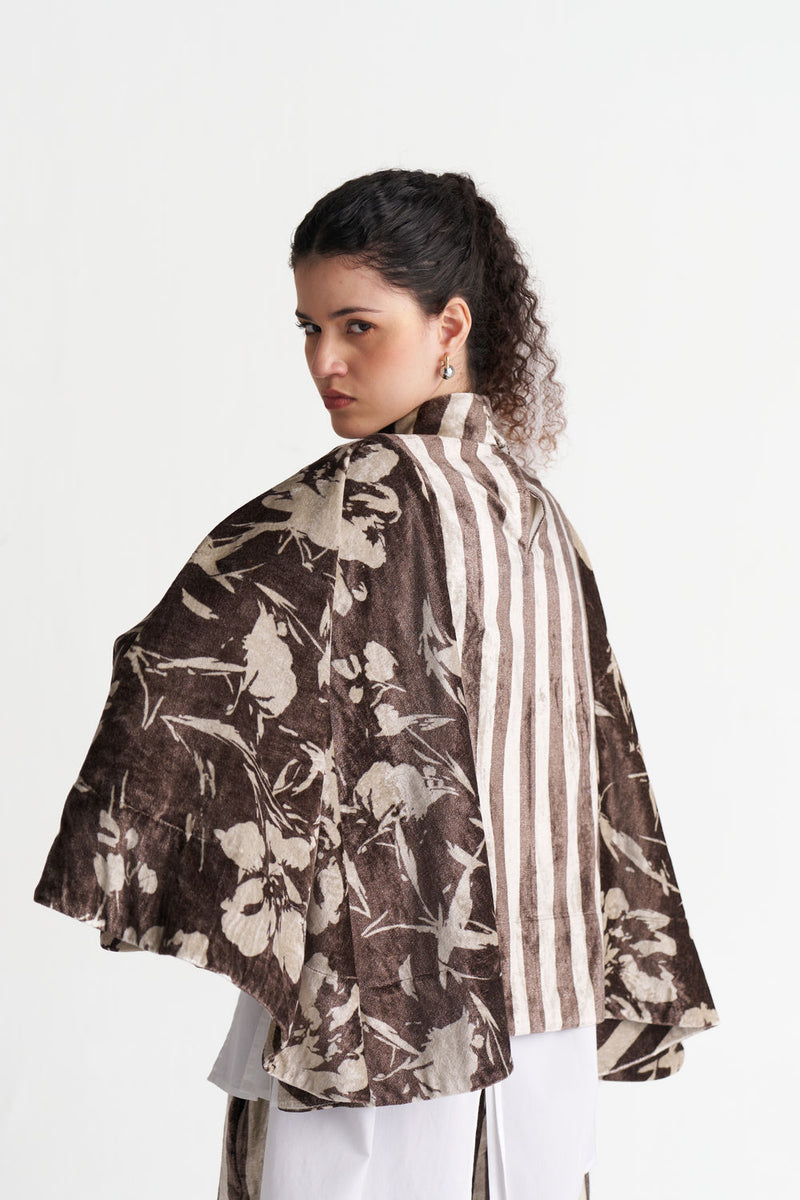 Velvet Poncho (Including Shirt)-Umber Floral + Umber Stripe velvet jacket/overlay by THREE in brown for women Worldwide