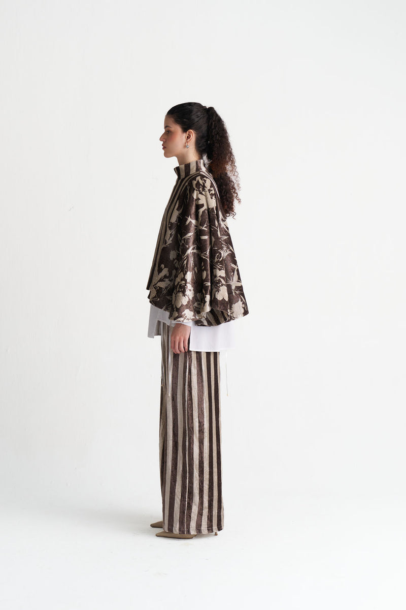 Velvet Poncho Co-Ord (Set Of 3)-Umber Floral + Umber Stripe velvet co-ord set by THREE in brown for women Worldwide