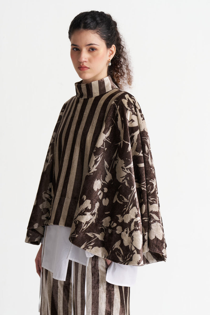 Velvet Poncho Co-Ord (Set Of 3)-Umber Floral + Umber Stripe velvet co-ord set by THREE in brown for women Worldwide