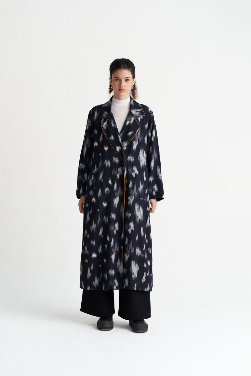 Ikat Print Woollen Trench-Black Ikat Print wool jacket/overlay by THREE in black for women Worldwide