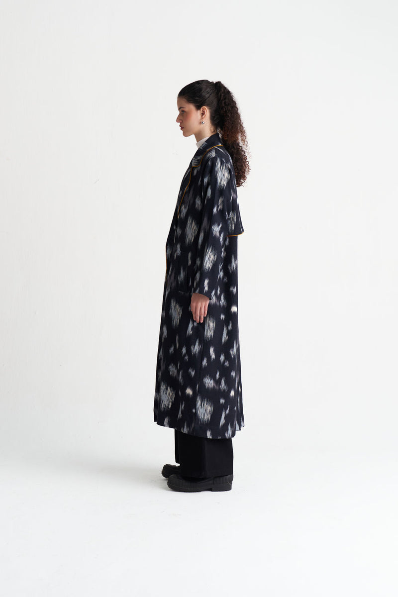 Ikat Print Woollen Trench-Black Ikat Print wool jacket/overlay by THREE in black for women Worldwide