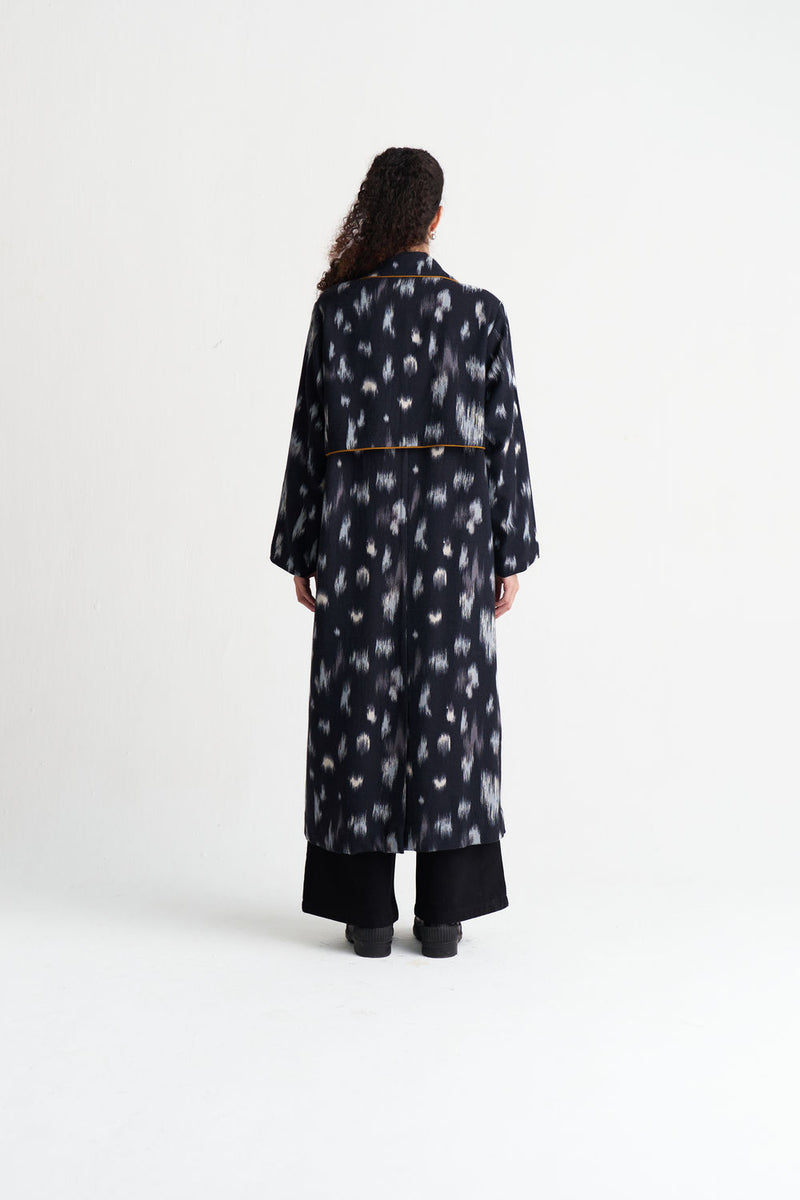 Ikat Print Woollen Trench-Black Ikat Print wool jacket/overlay by THREE in black for women Worldwide