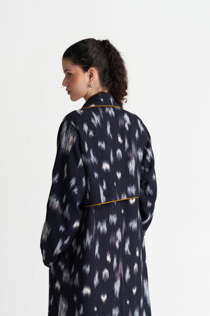 Ikat Print Woollen Trench-Black Ikat Print wool jacket/overlay by THREE in black for women Worldwide