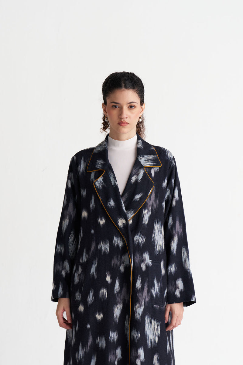 Ikat Print Woollen Trench Co-Ord (Set Of 2)-Black Ikat Print wool co-ord set by THREE in black for women Worldwide