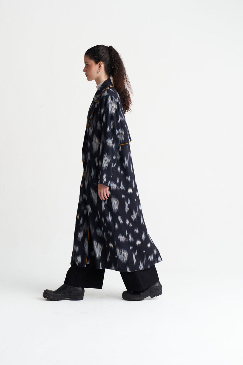 Ikat Print Woollen Trench-Black Ikat Print wool jacket/overlay by THREE in black for women Worldwide