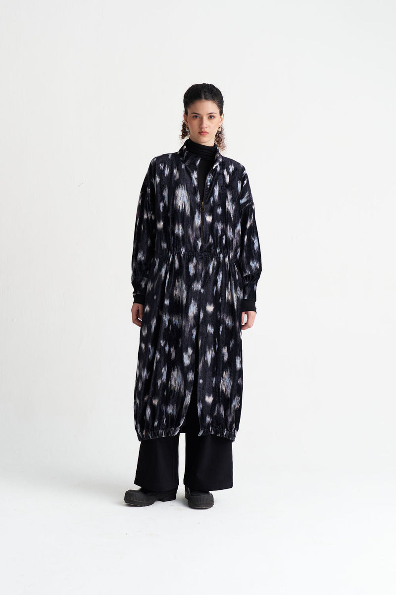 Ikat Print Velvet Drawstring Tunic Co-Ord (Set Of 2)-Black Ikat Print velvet co-ord set by THREE in black for women Worldwide