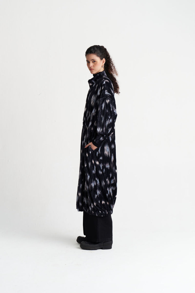 Ikat Print Velvet Drawstring Tunic Co-Ord (Set Of 2)-Black Ikat Print velvet co-ord set by THREE in black for women Worldwide