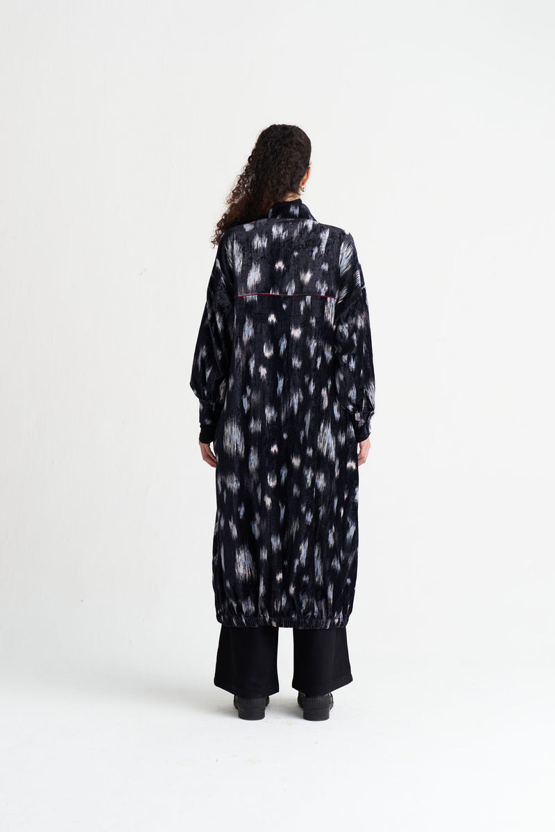 Ikat Print Velvet Drawstring Tunic Co-Ord (Set Of 2)-Black Ikat Print velvet co-ord set by THREE in black for women Worldwide