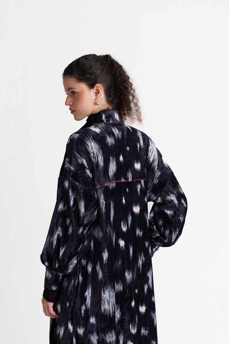 Ikat Print Velvet Drawstring Tunic Co-Ord (Set Of 2)-Black Ikat Print velvet co-ord set by THREE in black for women Worldwide